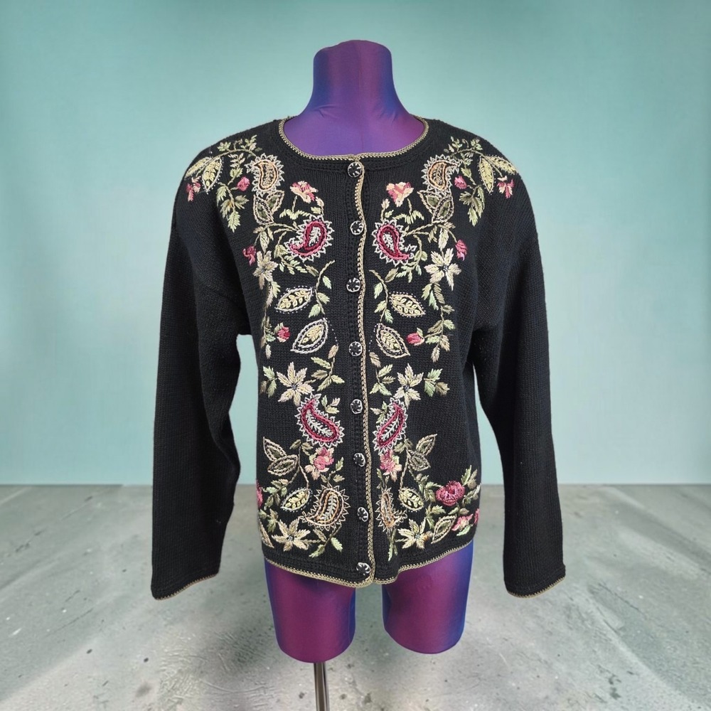 Heirloom Collectibles Floral Paisley Embroidered Cardigan Sweater Petite Large